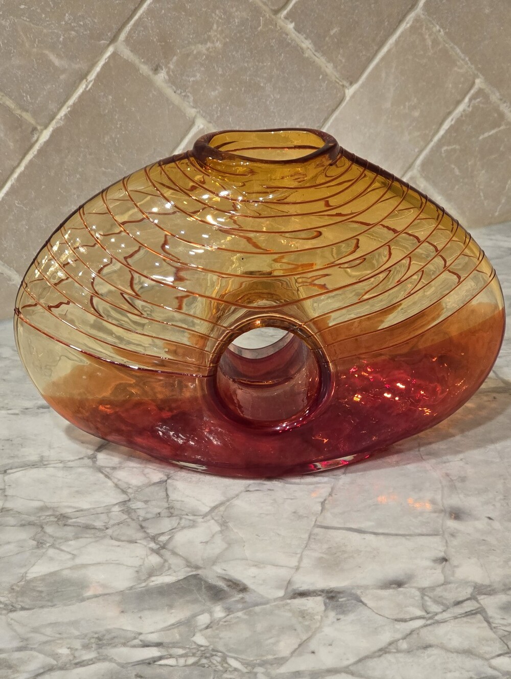 Vintage Mid-Century Modern Hand Blown Amberina Art Glass Donut Vase Sculpture